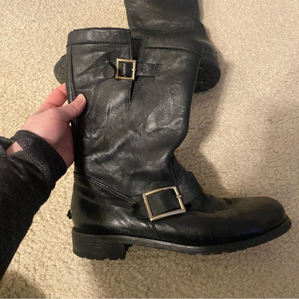 Jimmy Choo Leather Buckle Biker Fur Lined Boots - Picture 2 of 11